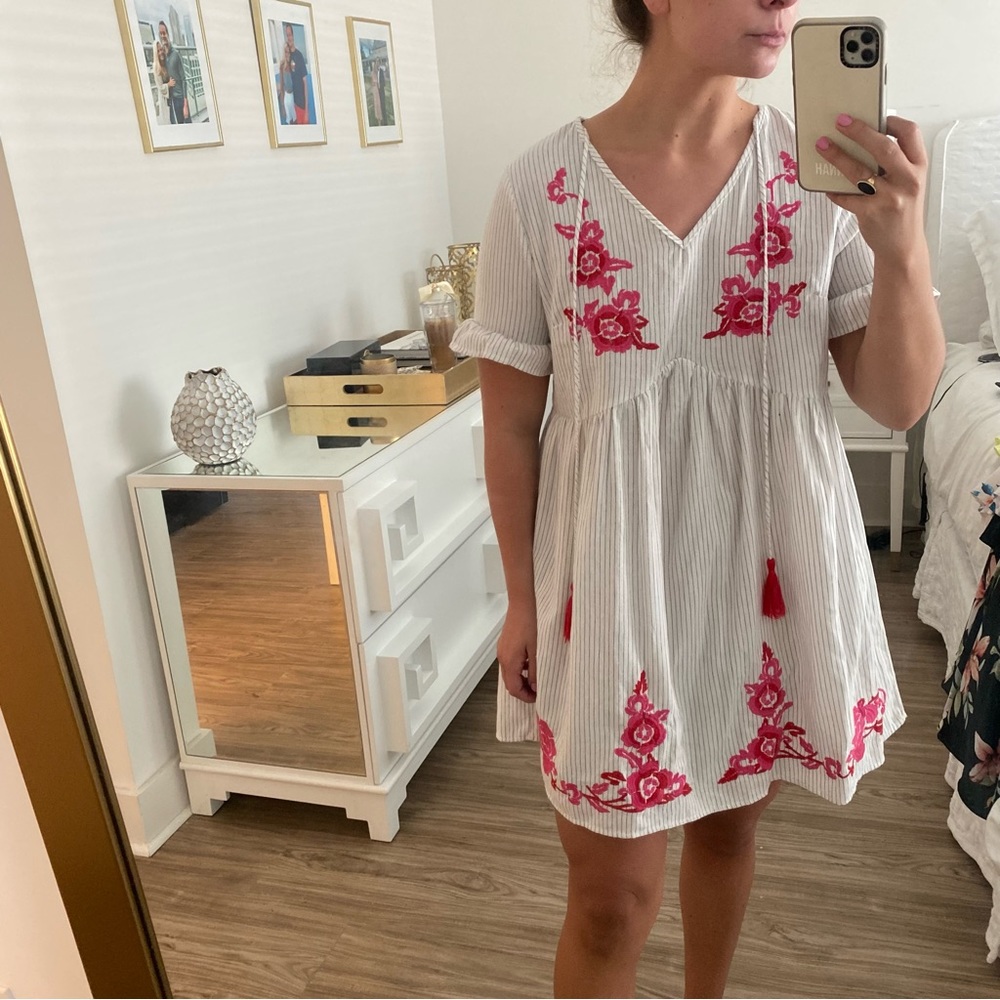 Short sleeve striped babydoll dress with pink and red embroidery